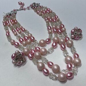 Vintage 5-Strand Beaded Pink & White Necklace with Clip Earrings Set